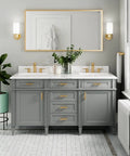Bathroom with gray cabinets featuring Brushed Gold Cabinet And Drawer Pull With 3 Inch Centers Delivers Modern Glamour And Everyday Luxury For Cabinets And Furniture LifeShine Non Tarnish Finish Durable Hardware With Smooth Operation DN0707BG