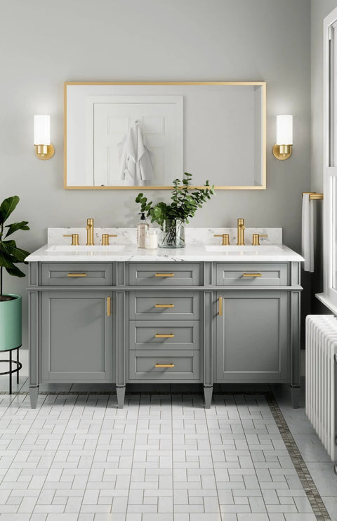 Bathroom with gray cabinets featuring Brushed Gold Cabinet And Drawer Pull With 3 Inch Centers Delivers Modern Glamour And Everyday Luxury For Cabinets And Furniture LifeShine Non Tarnish Finish Durable Hardware With Smooth Operation DN0707BG