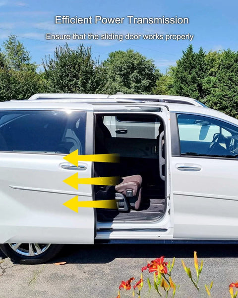 Side view of Toyota Sienna 2011-2020 with open left sliding door showing use of Left Side Power Sliding Door Cable Kit For Sienna 2011-2020 Driver Side Replacement 85016-08011 And 85016-08010 Door Motor Bracket Cable For Smooth Operation Safer Door Movement And Fewer Operator Errors