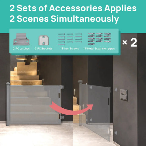 Retractable Baby Gate With One Way Lock Mesh shown with stairs, demonstrating usage and installation parts in hallway