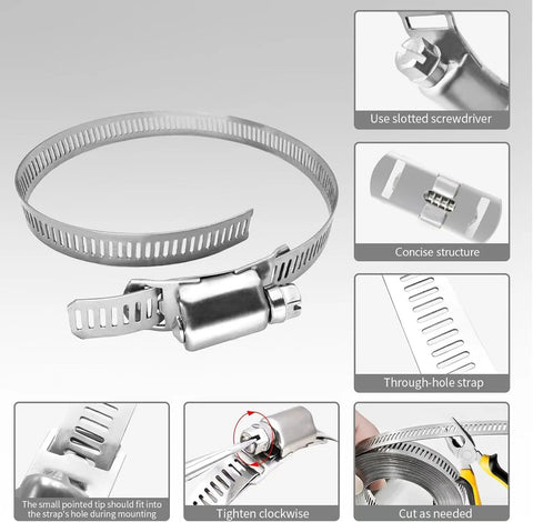WSWECCL 304 stainless hose clamp with 10 ft strap and slotted screw, front view.