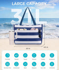 Large Waterproof Sandproof Beach Tote Bag With Zipper, Family Pool Bag With 40oz Tumbler Pocket, navy blue, on beach background.