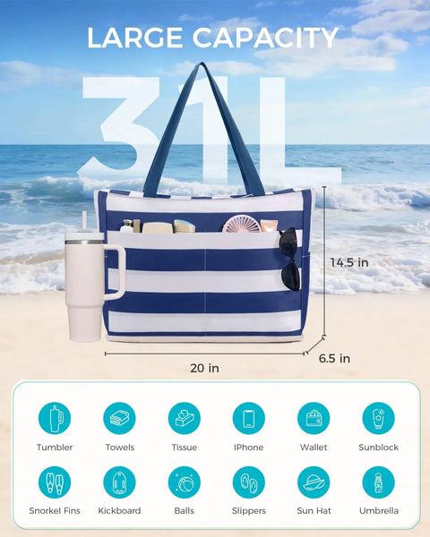 Large Waterproof Sandproof Beach Tote Bag With Zipper, Family Pool Bag With 40oz Tumbler Pocket, navy blue, on beach background.