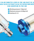 Close-up of blue Six Pack Of Small Water Oil Separator Filters For 1/4 Inch NPT Inlet And Outlet, showing connection details and specs