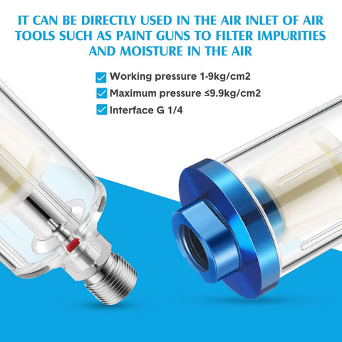 Close-up of blue Six Pack Of Small Water Oil Separator Filters For 1/4 Inch NPT Inlet And Outlet, showing connection details and specs
