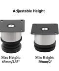 Top Shelf Adjustable Furniture Legs 4 Pack With Rock Solid Stainless Steel Build And Sweet 2 Inch Diameter Plus Easy Height Tweaks For Lifting Your Couch Sofa Or Bed Frame No Sweat Setup And Dead Serious Durability To Keep Your Room Fresh - adjustable height options with max and min measurements.