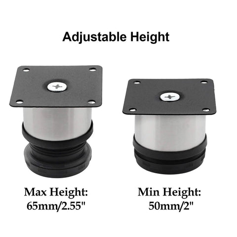 Top Shelf Adjustable Furniture Legs 4 Pack With Rock Solid Stainless Steel Build And Sweet 2 Inch Diameter Plus Easy Height Tweaks For Lifting Your Couch Sofa Or Bed Frame No Sweat Setup And Dead Serious Durability To Keep Your Room Fresh - adjustable height options with max and min measurements.