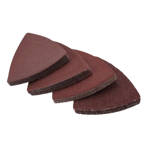 Get Your Projects Rock Solid With These 40PC 80mm Aluminum Triangle Sandpaper Discs That Fit Any 3-1/8in Oscillating Multi Tool For Heavy Duty Smoothing And Detail Work On Wood Or Plastic Surfaces With 60 To 240 Grit Options, showing stacked abrasive pads.
