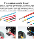 Processing sample display of Heavy Duty Pneumatic Terminal Crimping Machine Air Powered Wire Crimper with various cables and connectors.