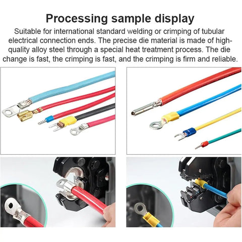 Processing sample display of Heavy Duty Pneumatic Terminal Crimping Machine Air Powered Wire Crimper with various cables and connectors.