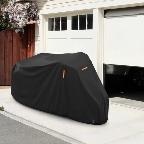 Heavy Duty Adult Tricycle Cover Tough As Nails For Three Wheel Bikes All Season Weatherproof Outdoor Storage Waterproof Dustproof Windproof Fits Mountain Road Cruiser And Some E Bikes 75L 30W 44H black cover on tricycle in driveway