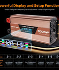 Dead Simple 3000 Watt Pure Sine Wave Inverter Converts 12V DC To 120V AC with digital display and setup functions.