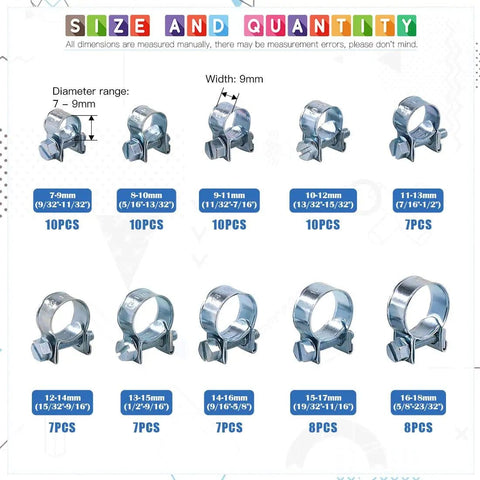 84 Piece Mini Fuel Injection Style Hose Clamp Set, 10 Clamp Sizes, Beefy Zinc Plated Steel, Fits Diesel And Gas Lines