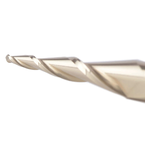 Close-up of a SpeTool tapered ball nose end mill with 1/4 in shank and 1/32 in radius