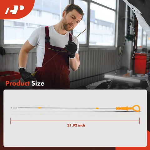 Mechanic using Must Have Engine Oil Dipstick For Volkswagen And Audi 1.8L 2.0L Engines next to product size chart