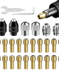 Drill Chuck Collet Set For Dremel Tools, 28 Piece Kit With 2 British 3 Jaw 4486 Chucks, 10 sizes of collets, and wrenches displayed