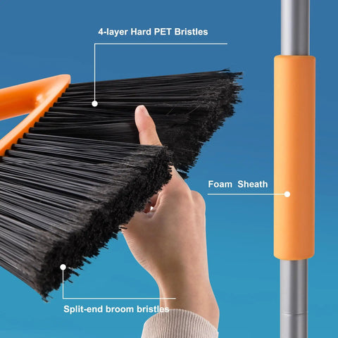 Close-up of the Commercial Grade Outdoor Broom With Stiff Bristles For Patios Garages Decks and Outdoor Kitchens showing bristles and handle.