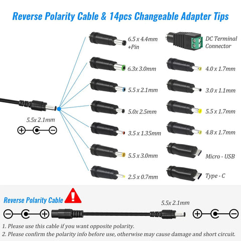Universal AC DC Power Supply Adapter 72W Adjustable 3V To 24V Output With Voltage Display, 14 Tips And 1 Reverse Polarity Cable diagram