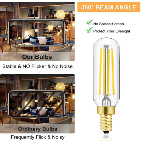 Comparison of Dimmable T6 LED Filament Bulbs 8W E12 Candelabra Edison Candle Bulbs with 360 degree beam angle against ordinary bulbs.