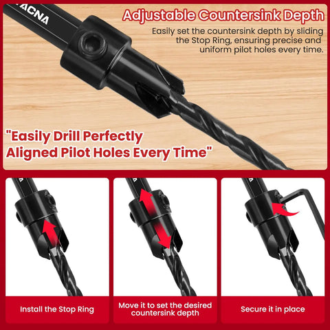 Hella Tough Fifteen Piece Hss Countersink Drill Bit Set For Wood featuring adjustable stop ring for precise pilot hole depth.