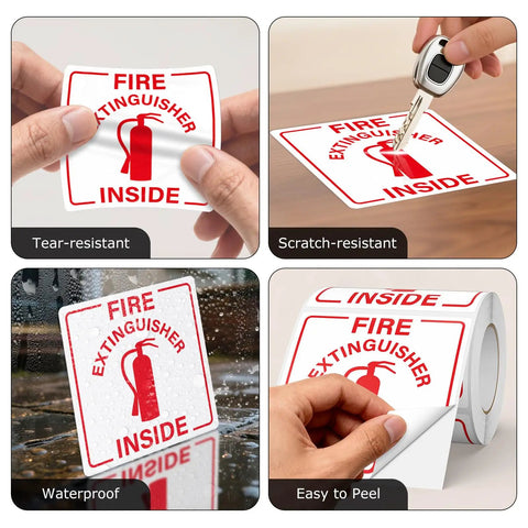 200 Pcs Self Adhesive 3 Inch Waterproof Vinyl Fire Extinguisher Inside Stickers showing tear, scratch, waterproof, easy-to-peel features.