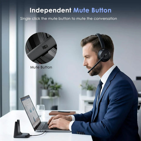 Man using Wireless Headset With Noise Canceling Microphone For Clear Calls, On Ear Bluetooth Headphones With USB Dongle at desk