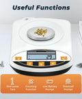 Pro Grade 500g Analytical Balance With 0.001g Readability Digital Lab Scale, showing control panel and features.