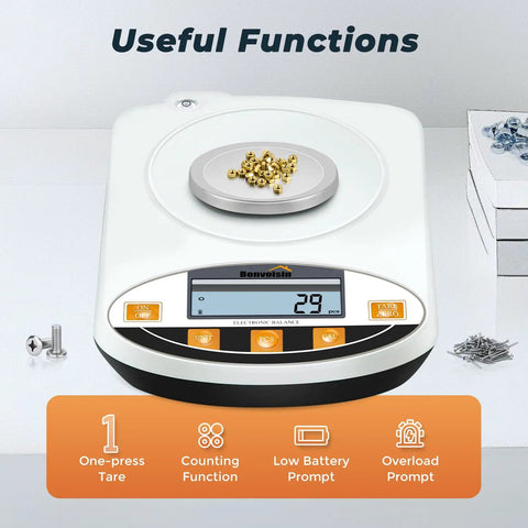 Pro Grade 500g Analytical Balance With 0.001g Readability Digital Lab Scale, showing control panel and features.