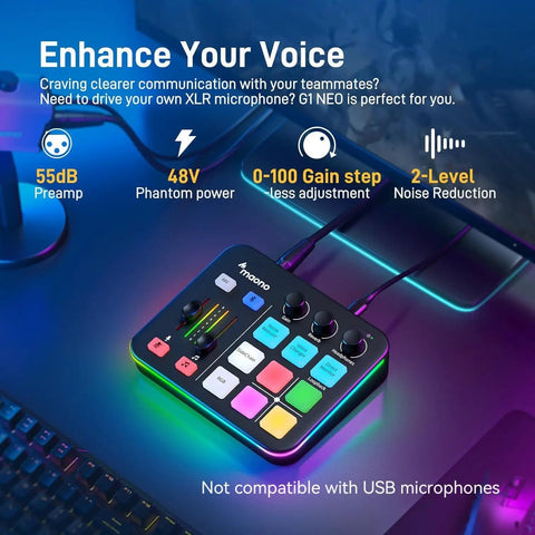 G1 Neo Stream Ready Gaming Audio Mixer And USB Interface with Pro Preamp, RGB Backlighting on desk, showing 55dB preamp feature.