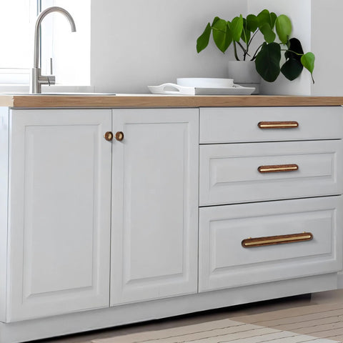 Kitchen cabinet with solid brass and wood cabinet pulls, five-pack, three and three-quarter inch center to center dresser drawer handles.