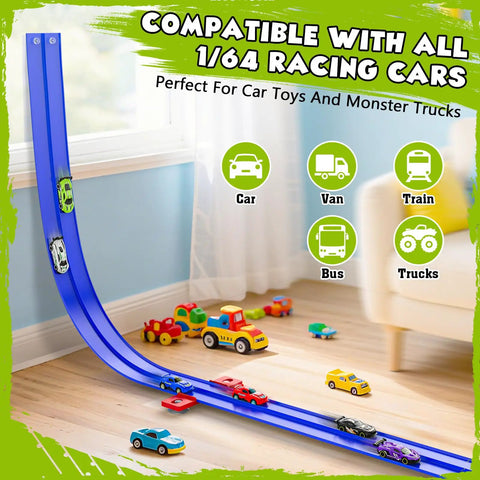 Flexible 15Ft Race Car Track for Kids Dope Roll Up Portable Racetrack with 4 Cars and Suction Cups in playroom setting