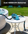 Go Anywhere Cordless Water And Diesel Transfer Pump next to hot tub, dual 4000mAh batteries, 760GPH, ideal for RVs and gardens