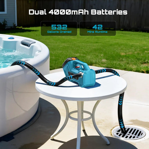 Go Anywhere Cordless Water And Diesel Transfer Pump next to hot tub, dual 4000mAh batteries, 760GPH, ideal for RVs and gardens