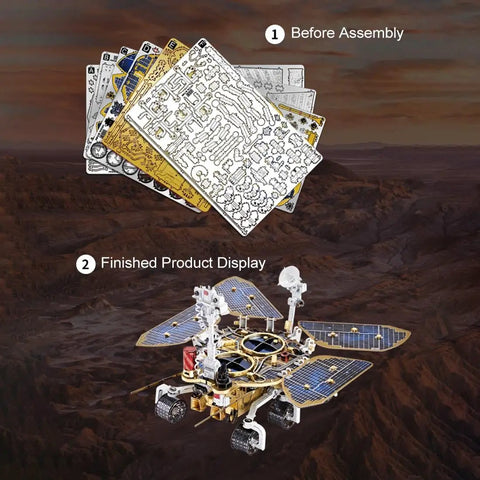 Space Rover 281+ Piece STEM Mechanical Explorer Puzzle Kit For Adults And Gearheads, DIY Aerospace Model For Home Desk Display, Educational Building Project Gift With Realistic Wheels, Antennas, And Discovery Detail. Before assembly parts and finished rover display