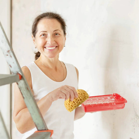 Woman using Knockdown Texture Sponge For Drywall Patch And Ceiling Repair DIY Home Texture Tool 2 Pack Ready To Expand When Wet