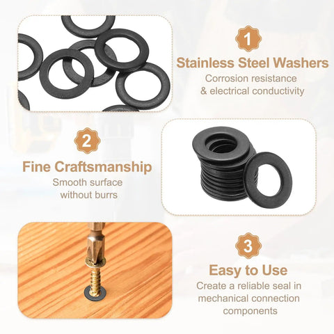 80Pcs M6 Stainless Steel Washers Kit With 6x10x1mm Flat And Crush Sealing Washers, 304 Stainless Steel Gasket Rings For Screws Bolts Automotive Projects, Black Zinc Plated Burr Free And Durable, close-up black washers and screw use
