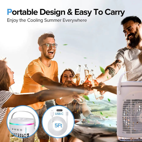 Group enjoying outdoors with Three In One Portable Evaporative Air Cooler With 1400ml Water Tank Three Speeds Three Wind Modes LED Lights.