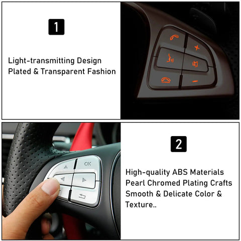 Mercedes Steering Wheel Button Covers Kit 12Pcs Chromed Silver Inner Decoration on car controls with light-transmitting design.