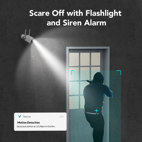 Wireless Outdoor Security Camera With 2K Color Night Vision And AI Motion Detection illuminating intruder with siren alarm.