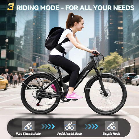 Powerful 1000W Peak Step-Through Electric Bike For Adults, 23 MPH Top Speed And 80 Mile Range, 65Nm Torque, Smooth Hills Climb, Go-To Commuter For Daily Errands And Weekend Adventures, step-through city commuter bike with rider