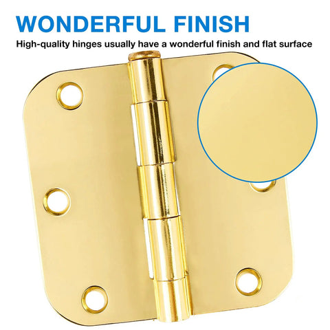 18 Pack 3 Point 5 Inch Brass Door Hinges With Five Eighth Radius Polished Gold Finish Includes 108 Screws For Quick No-Fuss Install