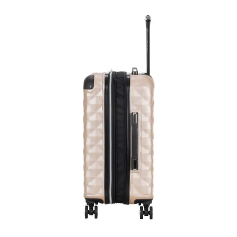 Side view of Diamond Tower Hardside Luggage With Expandable Design Rose Gold Finish Eight Wheel Spinner Travel Case Lightweight Twenty Inch Carry On