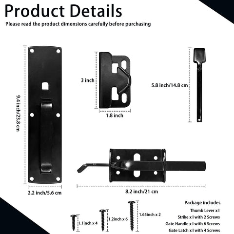 Top Shelf Thumb Press Gate Latch With Slick Grip Handle Rock Solid Black Metal Yard Lock product dimensions and assembly components.
