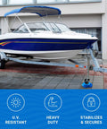 Blue and white boat on trailer with Two Trailer Wheel Chocks With Rope And Wheel Dock For Boat Trailers Travel Campers And RV Accessories Keeps Wheels From Rolling On All Trailer Tires And Easy No Hassle Setup Anywhere visible on pavement.