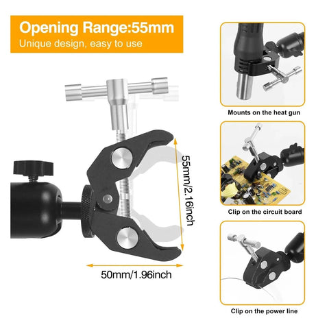 Clamp detail of Magnetic Soldering Helping Hands With Flexible Arms And 360 Degree PCB Holder For hot air gun and circuit board