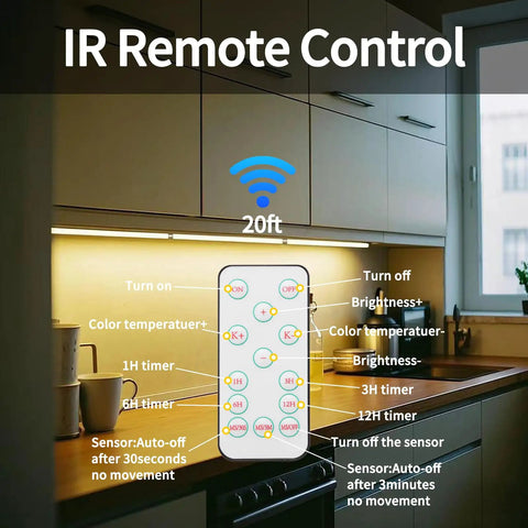 Plug In Under Cabinet LED Light Bar With Motion Sensor, Dimmable, Remote And No Wiring, in kitchen showing remote control instructions
