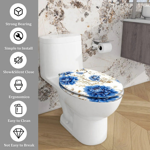 Elongated Toilet Seat Cover Quiet Close with floral design, fits most toilets, easy to clean and install.