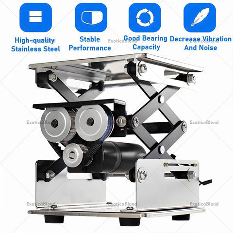 Smooth Electric Scissor Lift Table With Rockin 10kg Load And Snappy Height Adjust For Lab, Workshop Or Stage Gear Using Cool Rolling Sliding Base close-up of stainless steel lift mechanism with rollers and motor.