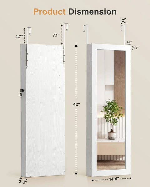 Six LED Mirror Jewelry Cabinet With Large Capacity Lockable Armoire Door Or Wall Mounted Jewelry Organizer Built In Jewelry Storage White Finish Perfect Gift Idea, dimensions shown