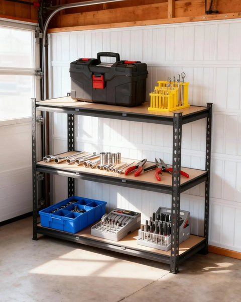 Beefy Heavy Duty Garage Storage Shelves 3 Tier Metal Shelving Unit 48 By 24 By 36 Inches Industrial Grade Steel With 1320 Lbs Total Load Capacity For Tools, Boxes, And Garage Gear, loaded with tools